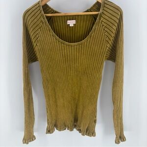 Knox Rose Womens Y2K Top Large Olive Stretchy Long Sleeve‎ Ribbed